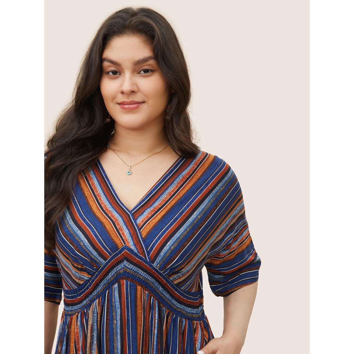 Plus Size Striped Contrast Dolman Sleeve Shirred Pocket Split Flutter Dress Blue Women Boho Non V-neck Half Sleeve Curvy BloomChic 14-16/1X Product Image