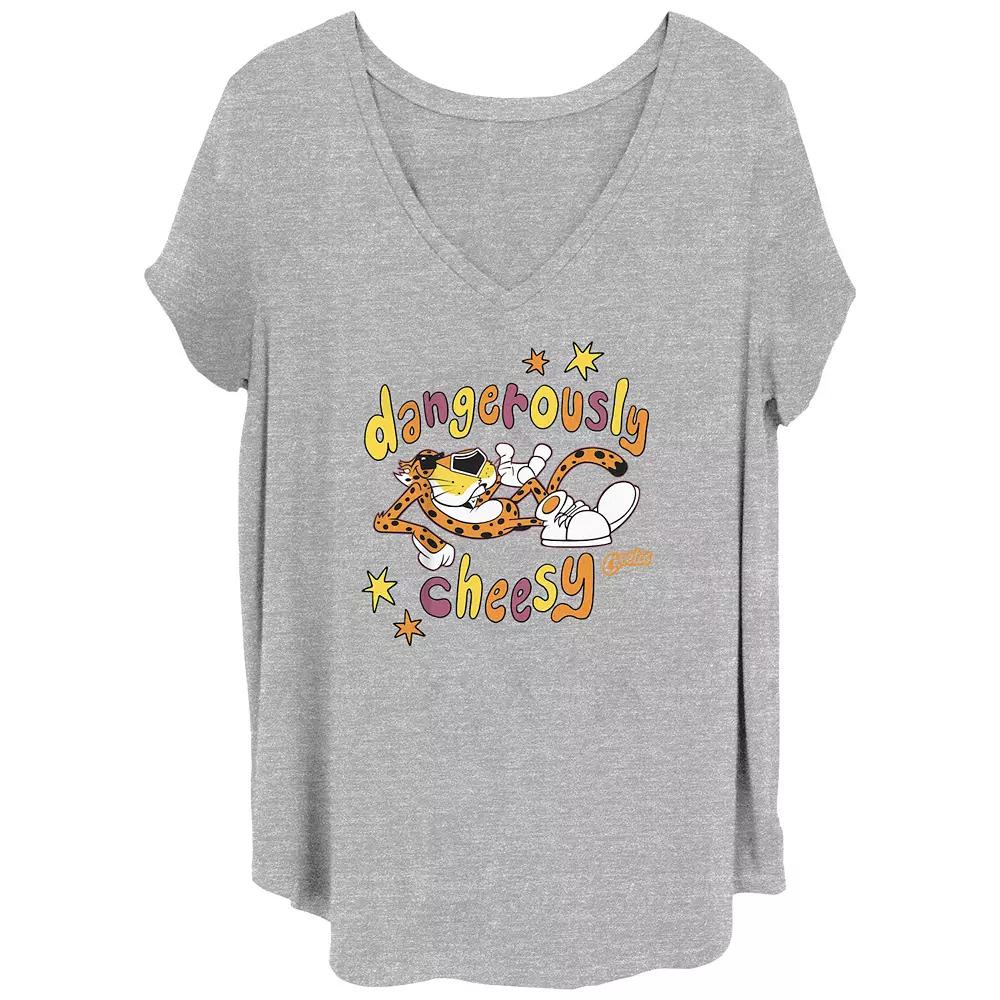 Juniors' Plus Size Cheetos Chester Cheetah Dangerously Cheesy V-Neck Graphic Tee, Girl's, Size: 1XL, Grey Grey Product Image