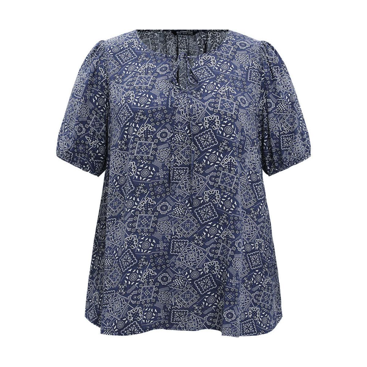 Plus Size Indigo Moroccan Print Keyhole Tie Neck Blouse Women Vacation Short sleeve V-neck Office Blouses BloomChic 28/5X Product Image