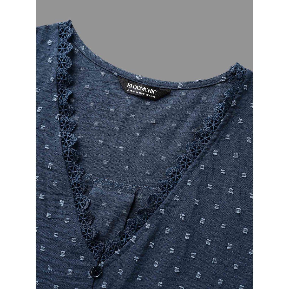 Plus Size Indigo Textured Lace Trim Patchwork Ruffles Blouse Women Timeless Long Sleeve V-neck Elegant Blouses BloomChic 18-20/2X Product Image