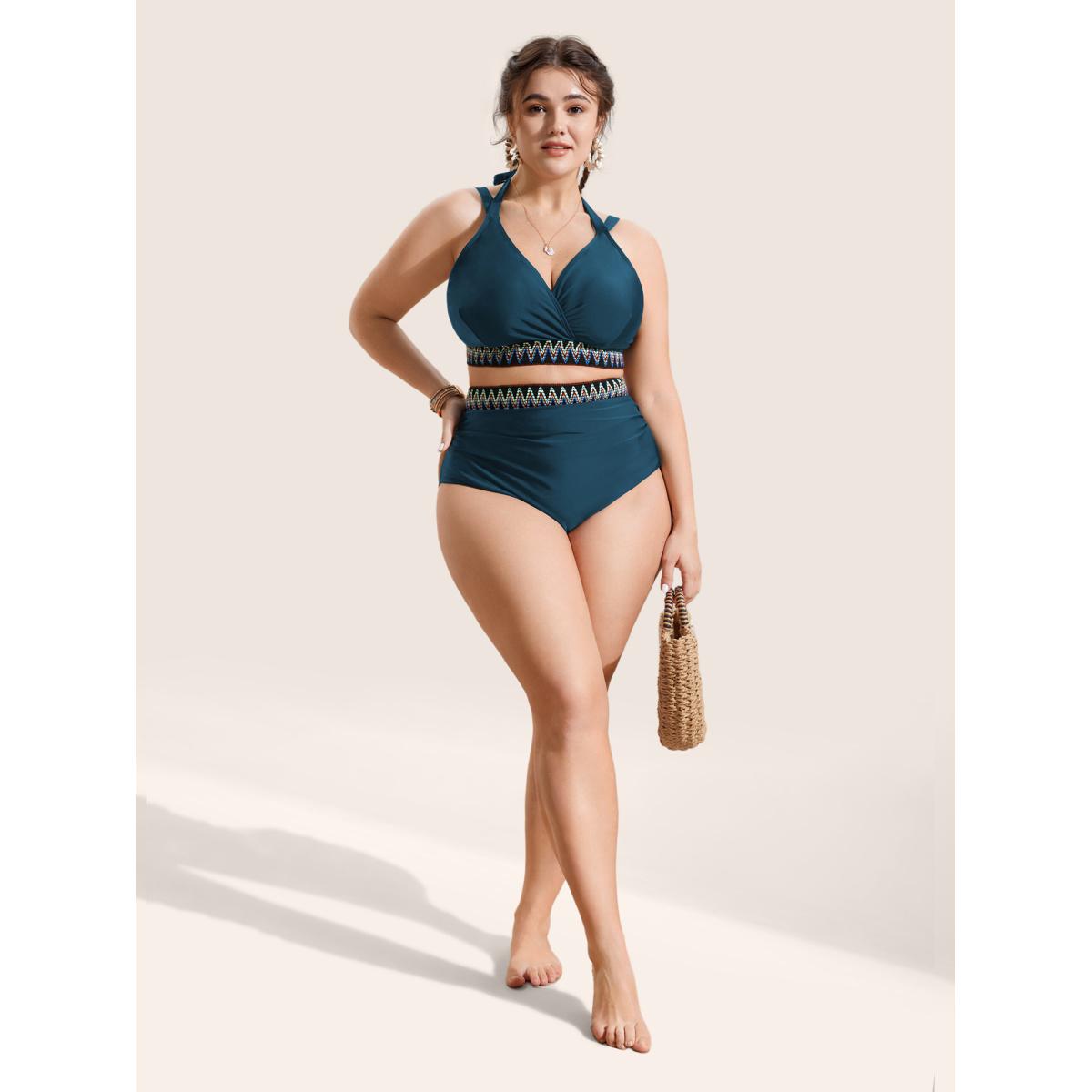 Plus Size Embroidered Wrap Tie Knot Swim Top Women's Swimwear Cyan Beach Woven ribbon&lace trim High stretch Skinny Overlap Collar Curve Swim Tops BloomChic 22-24/3X Product Image