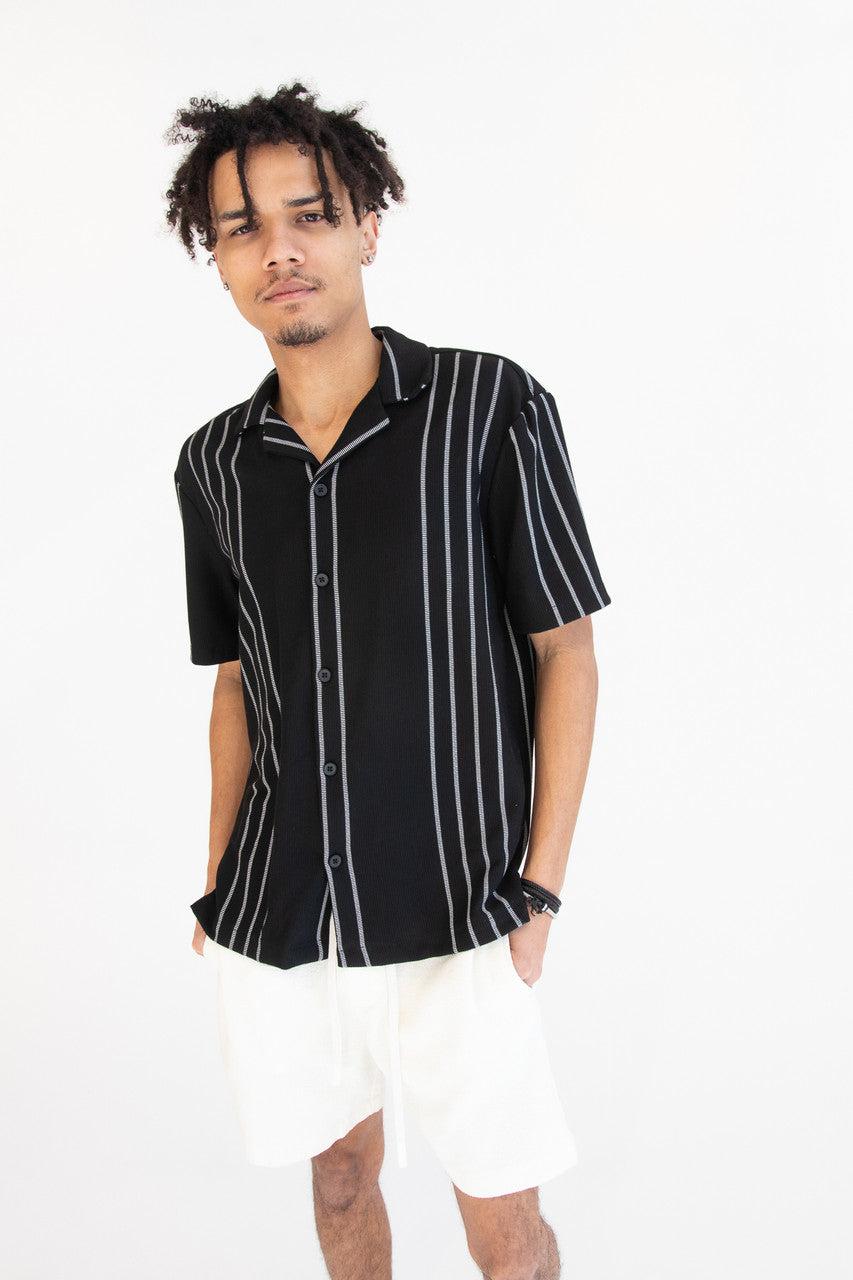 Ribbed White Stripe Black Button Up Shirt Product Image