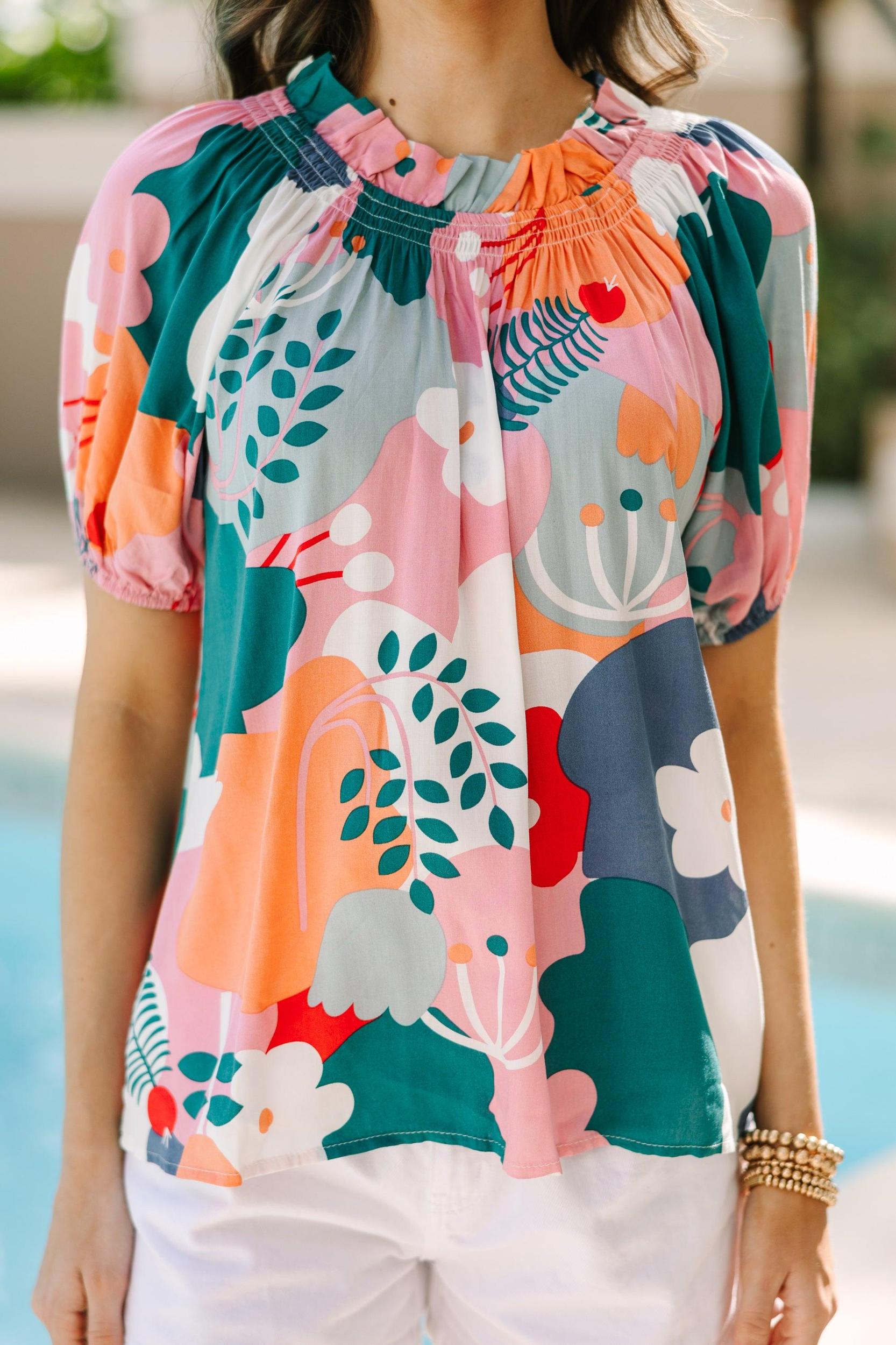 Feeling Fun Jade Green Floral Bubble Sleeve Blouse Female Product Image