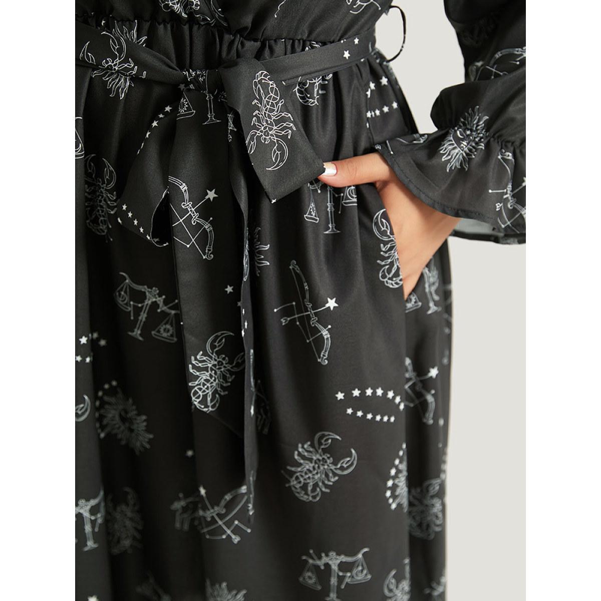 Plus Size Halloween Print Belted Pocket Wrap Split Hem Dress Black Women Elegant Elastic cuffs V-neck Long Sleeve Curvy Midi Dress BloomChic 10/M Product Image