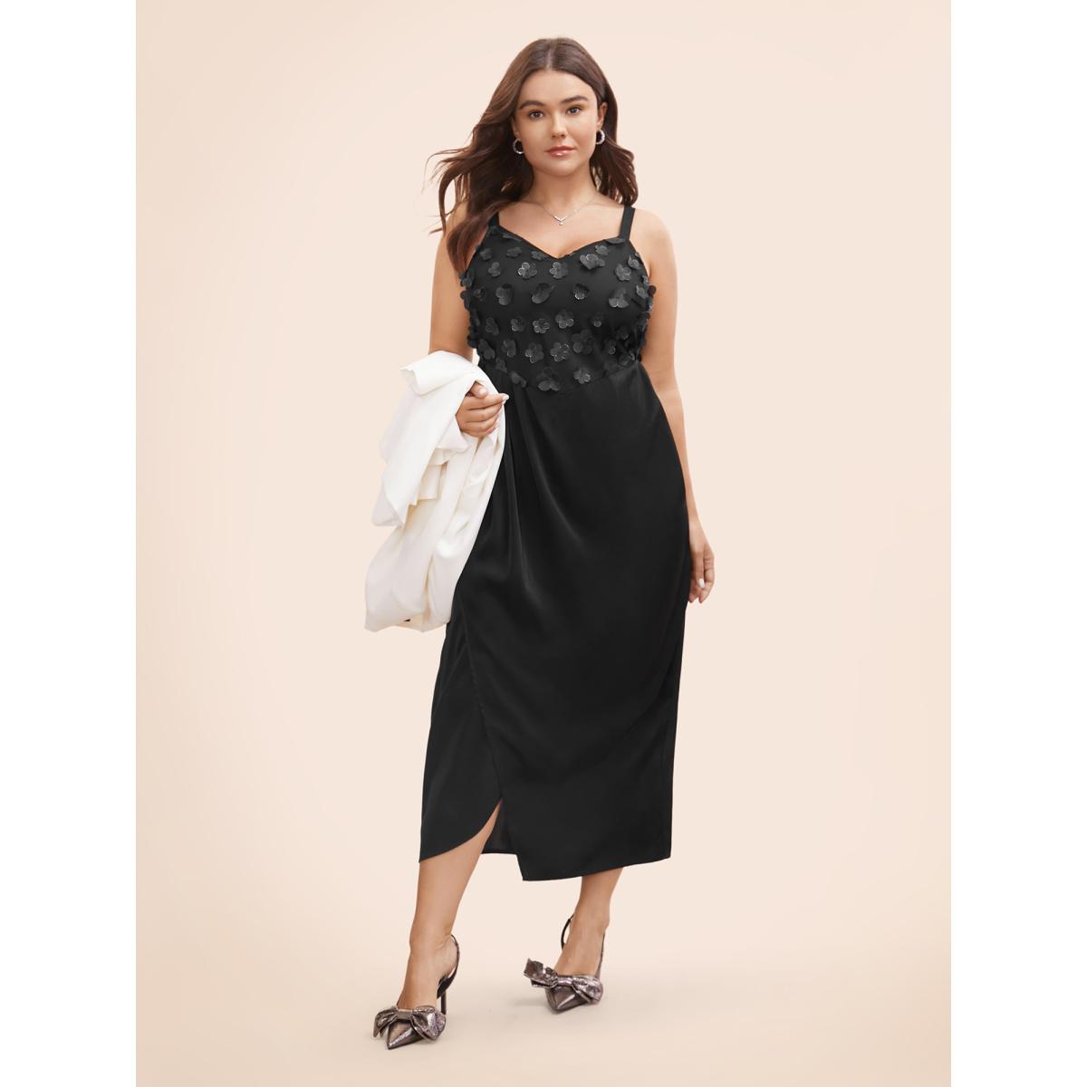 Plus Size Stereo Flower Design Split Hem Dress Black Women Cocktail Texture V-neck Sleeveless Curvy BloomChic 26/4X Product Image