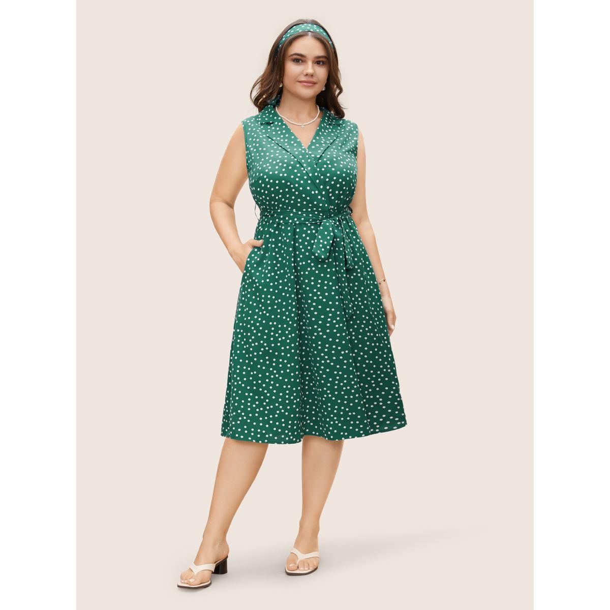 Plus Size Collared Polka Dot Dress Teal Women Elegant Belted Suit Collar Sleeveless Curvy BloomChic 12/L Product Image