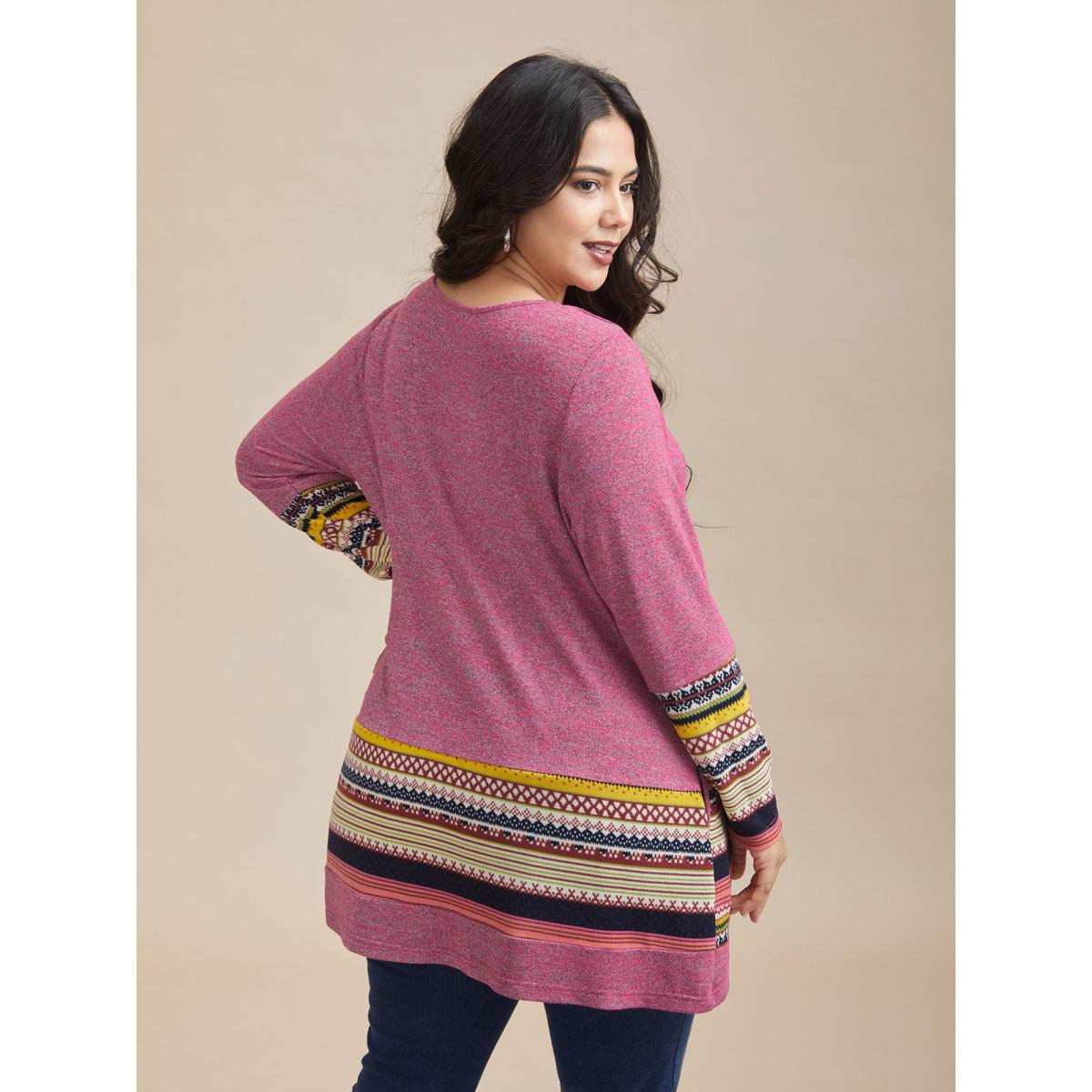 Plus Size Tunic Boho Print Pocket T-shirt RedViolet Women Casual Contrast Round Neck Loose Everyday T-shirts BloomChic 22-24/3X Product Image