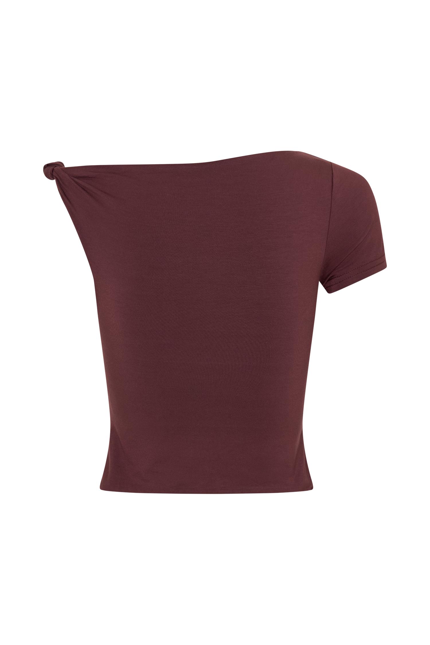 Betty Short Sleeve Modal Top With Knot Shoulder - Mahogany Product Image