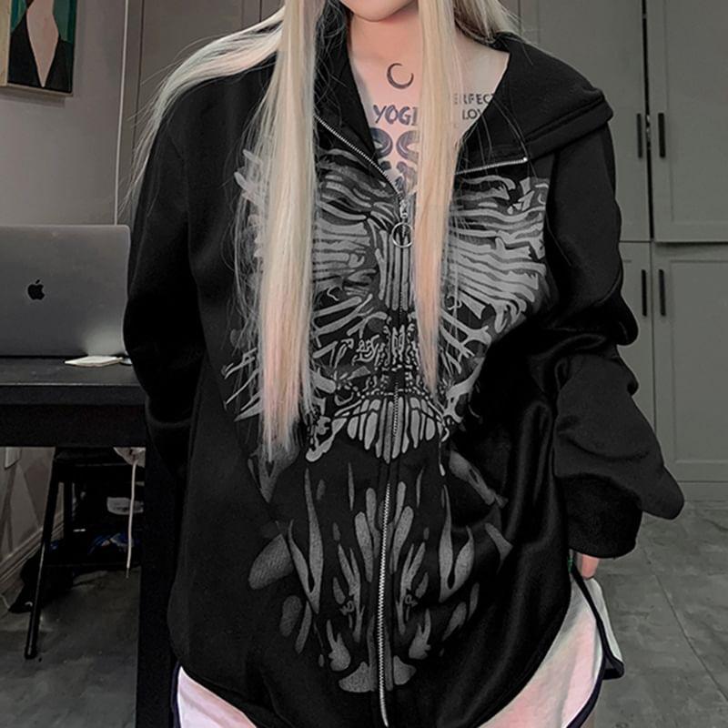 Oversized Butterfly Print Zip-Up Hoodie Product Image