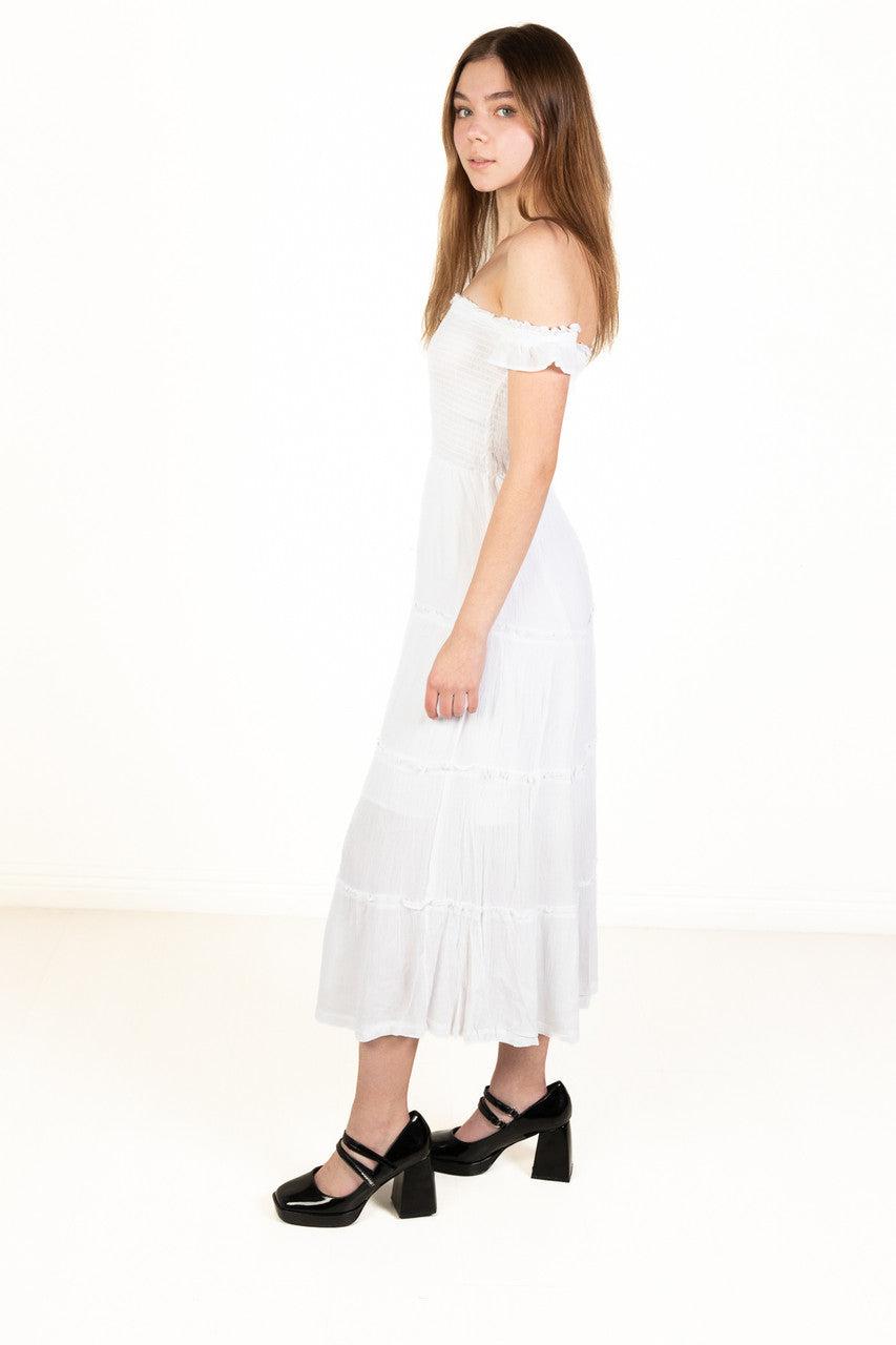 White Over The Shoulder Tiered Maxi Dress Product Image