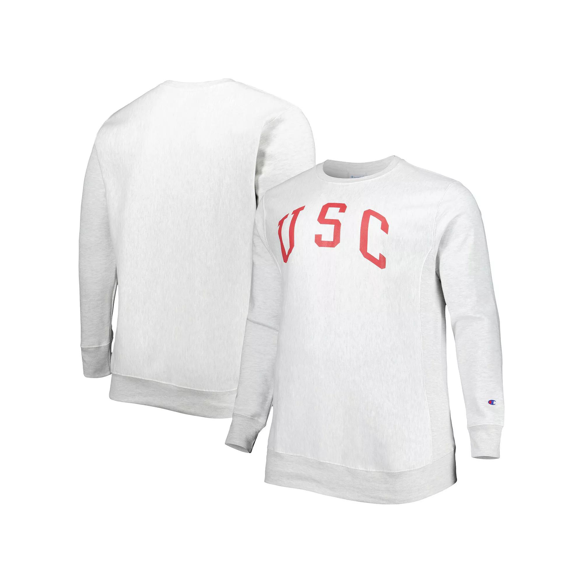 Men's Champion Heathered Gray USC Trojans Big & Tall Reverse Weave Fleece Crewneck Pullover Sweatshirt,  Product Image