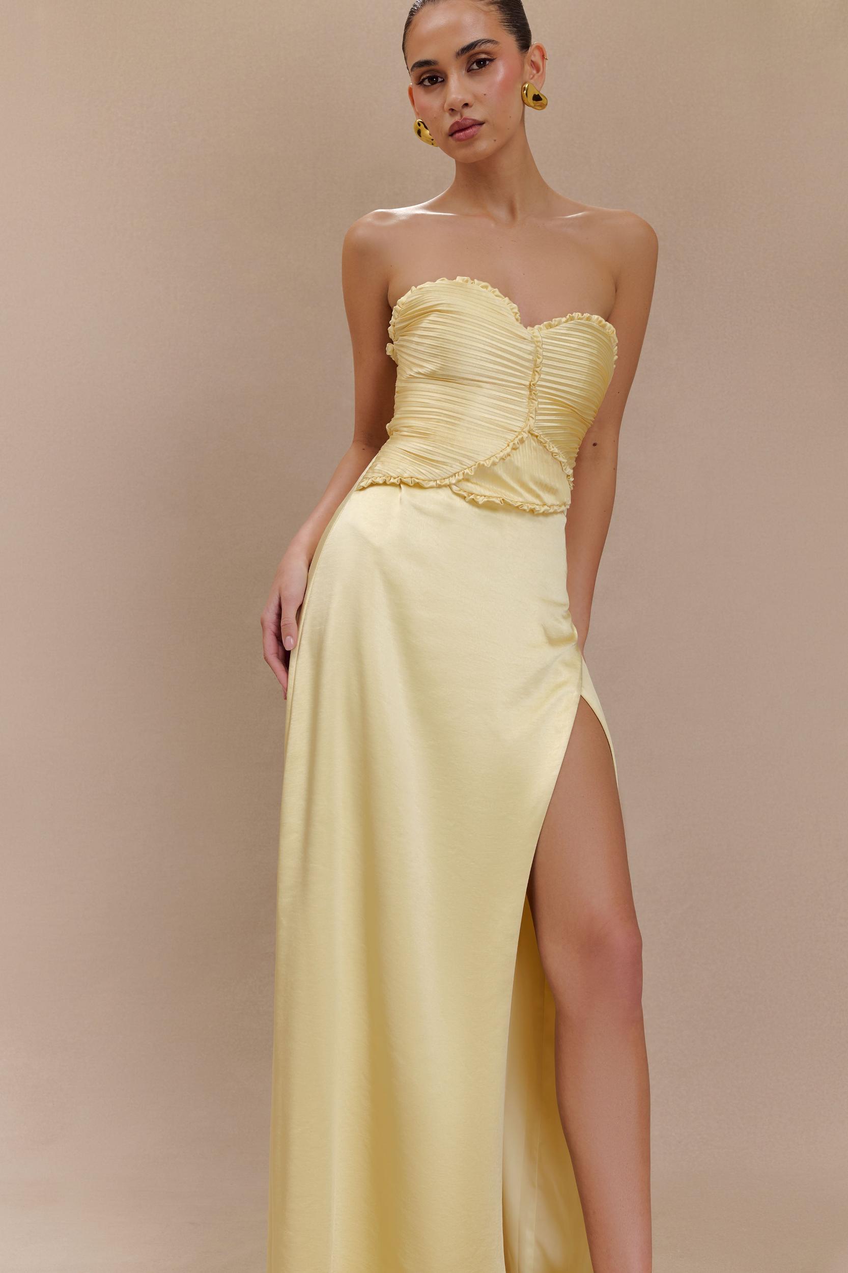 Larissa Satin Maxi Dress With Ruched Petals - Lemon Product Image