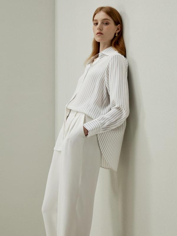 LILYSILK Women's Silk Charmeuse Oversized SOS Shirt, Brown Pinstripe, XXL Product Image