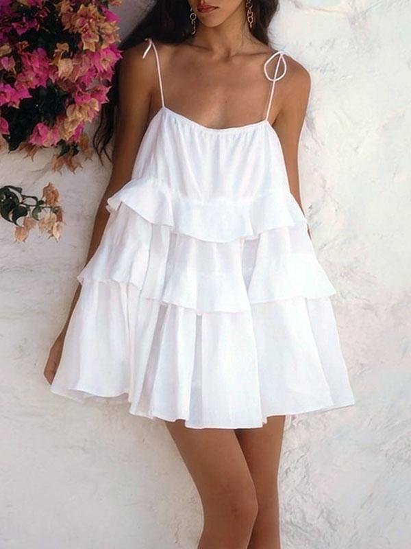 High Waisted Loose Backless Layered Pleated Solid Color Tied Spaghetti-Neck Mini Dresses Product Image