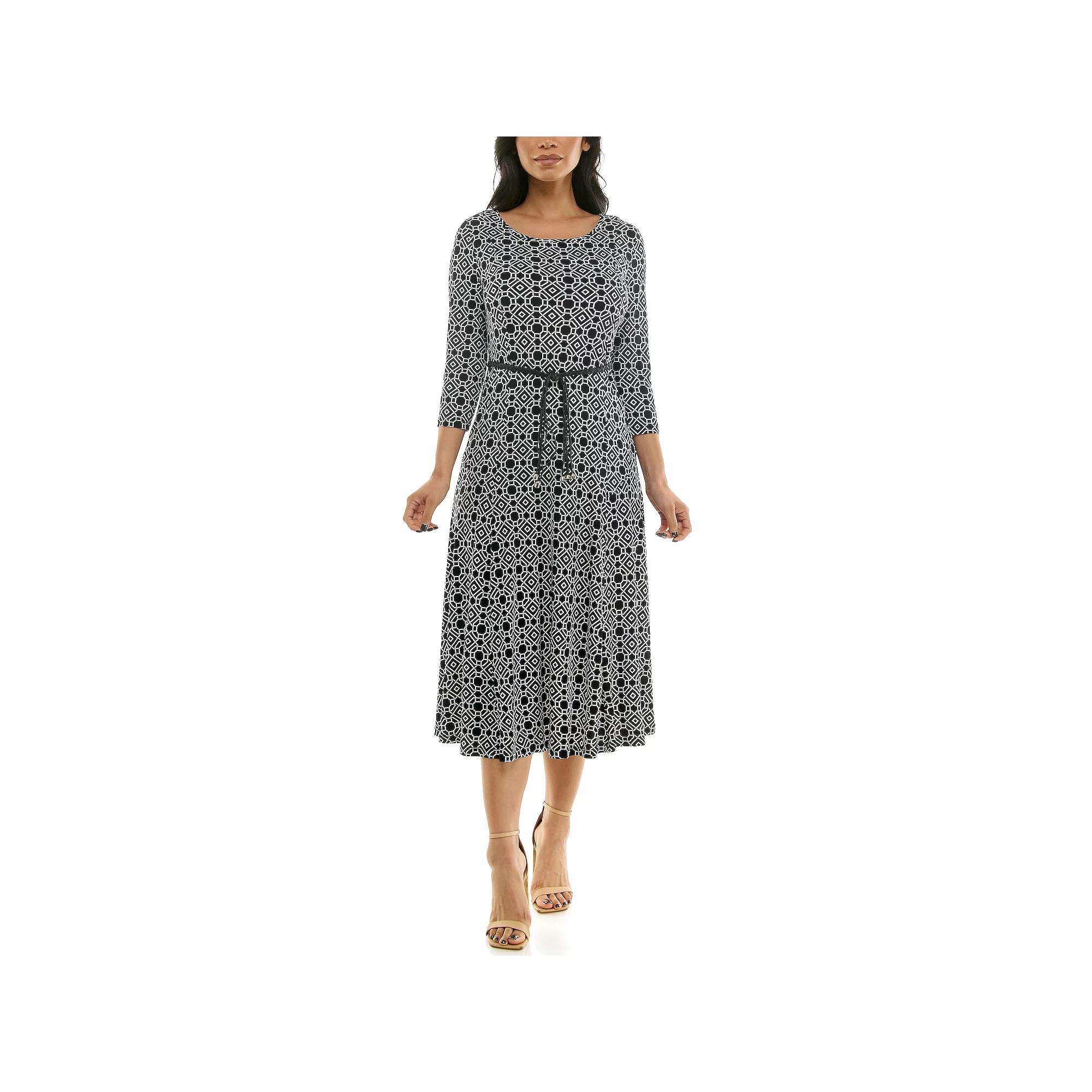 Women's Nina Leonard Sylvia Three-Quarter Sleeve Belted Midi Dress,  Product Image