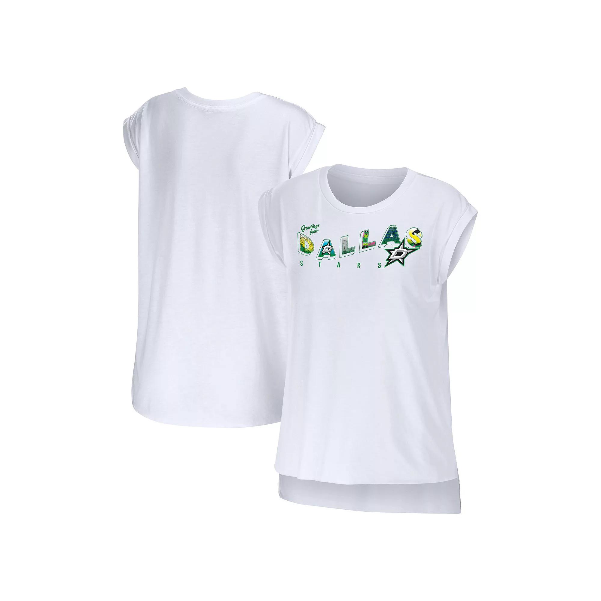 Women's WEAR by Erin Andrews White Dallas Stars Greetings From Muscle T-Shirt, Size: Medium, Str White Product Image