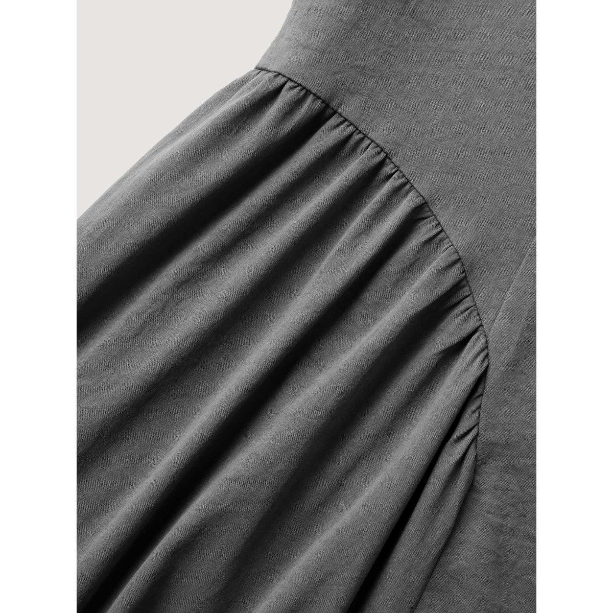 Plus Size Solid Pleated Drop Waist Midi Dress DimGray Women Gathered V-neck Sleeveless Curvy BloomChic 12/L Product Image