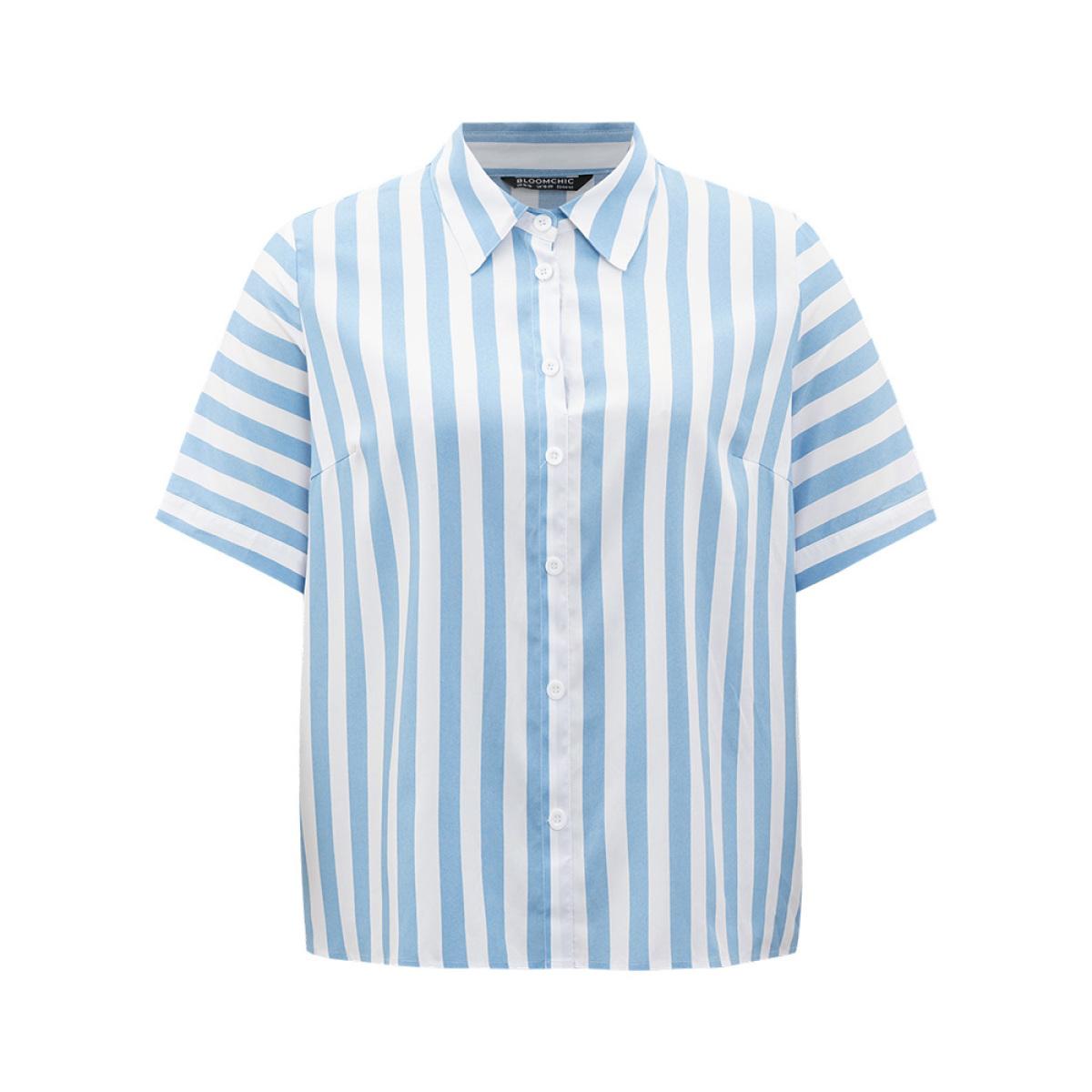 Plus Size Multicolor Striped Shirt Collar Button Through Blouse Women Vacation Half Sleeve Shirt collar Work Blouses BloomChic 10/M Product Image