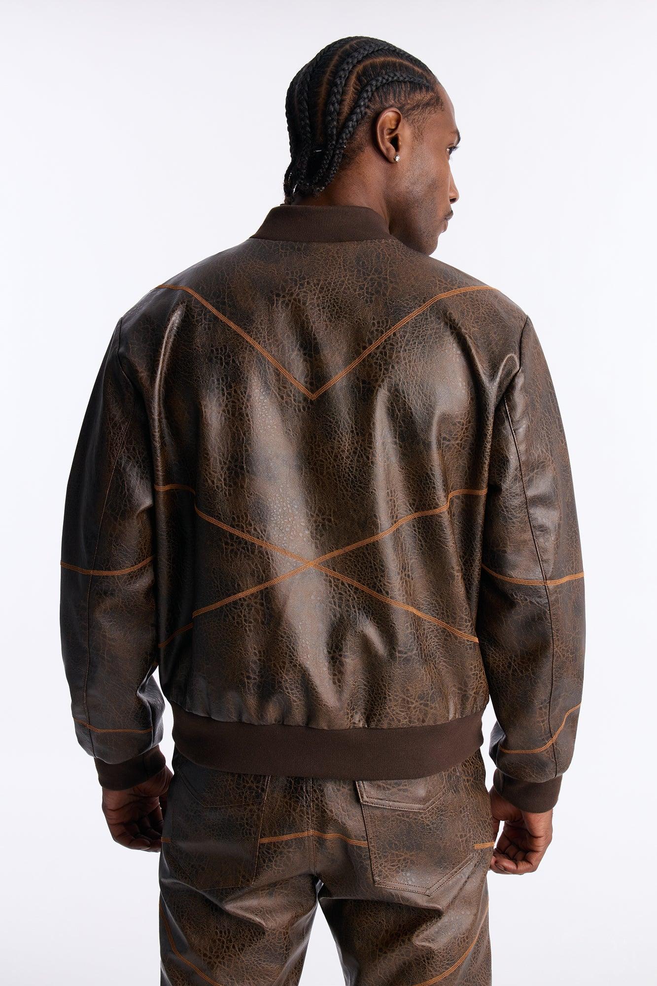Vintage Chainstitch Faux Leather Bomber Jacket - Brown Male Product Image