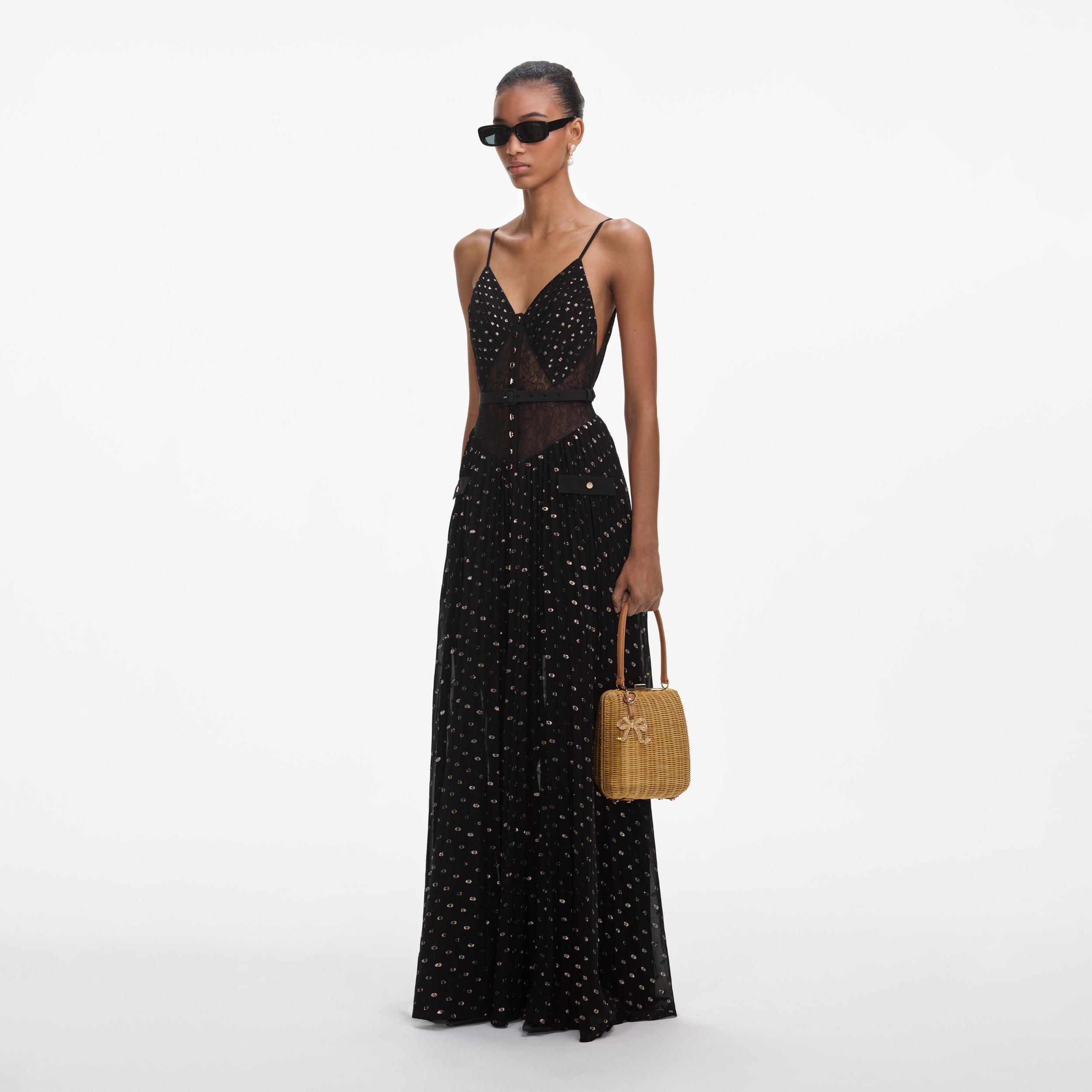 Black And Gold Chiffon Maxi Dress Product Image