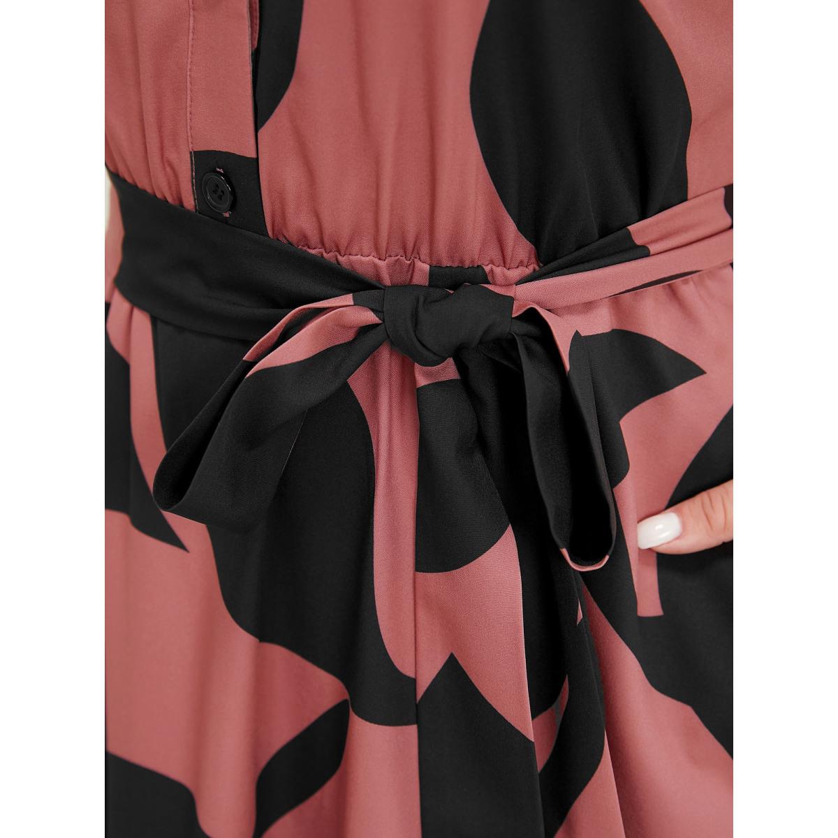 Plus Size Plant Pocket Puff Sleeve Belt Ruffle Hem Button Up Dress Multicolor Women Office Belted Shirt collar Short sleeve Curvy Knee Dress BloomChic 14-16/1X Product Image