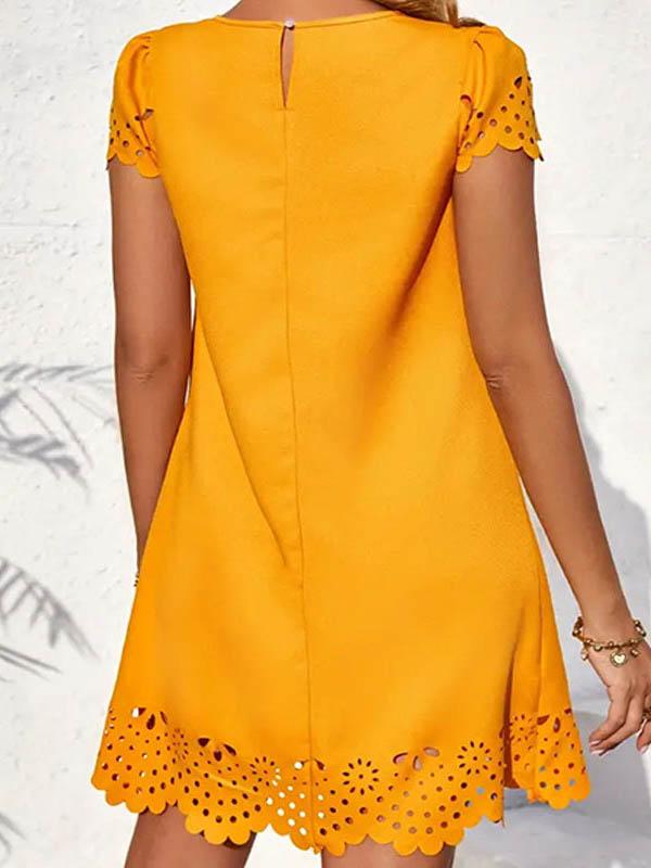 Loose Short Sleeves Hollow Pleated Solid Color Split-Joint Round-Neck Mini Dresses Product Image