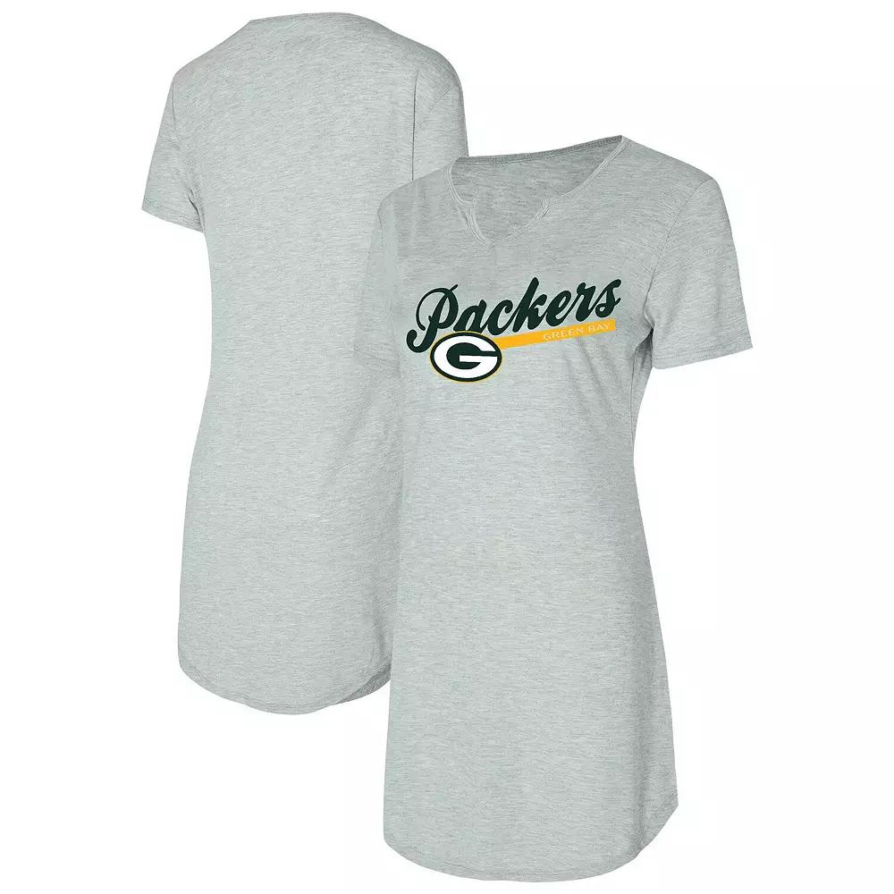 Women's Concepts Sport Gray Green Bay Packers Petition Knit Notch Neck Nightshirt, Size: Medium, Grey Product Image
