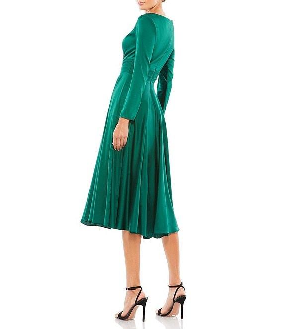 Mac Duggal V-Neck Long Sleeve Satin A-line Midi Dress Product Image