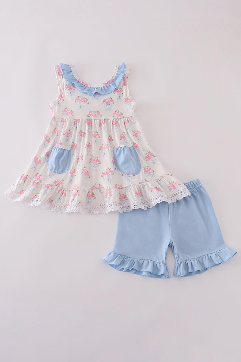 Blue floral bow print ruffle shorts set Product Image