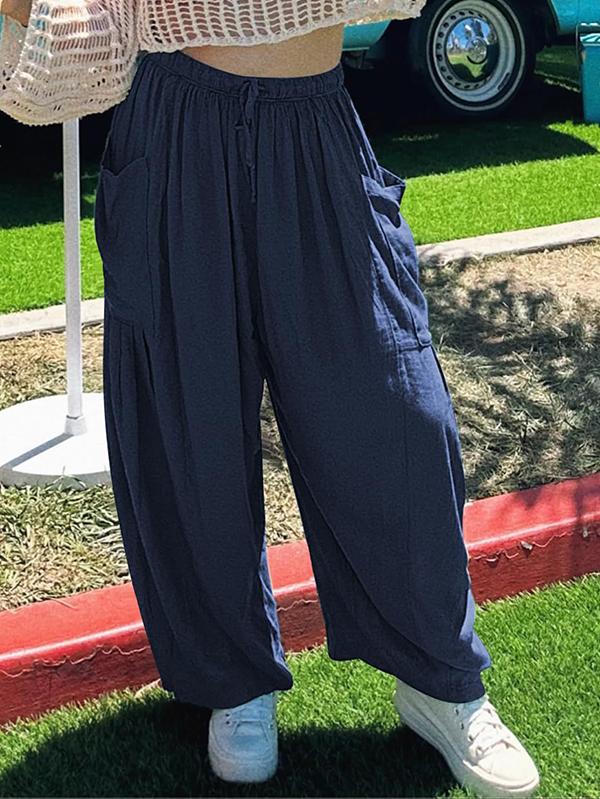 High Waisted Loose Drawstring Elasticity Pleated Pockets Solid Color Ninth Pants Trousers Product Image