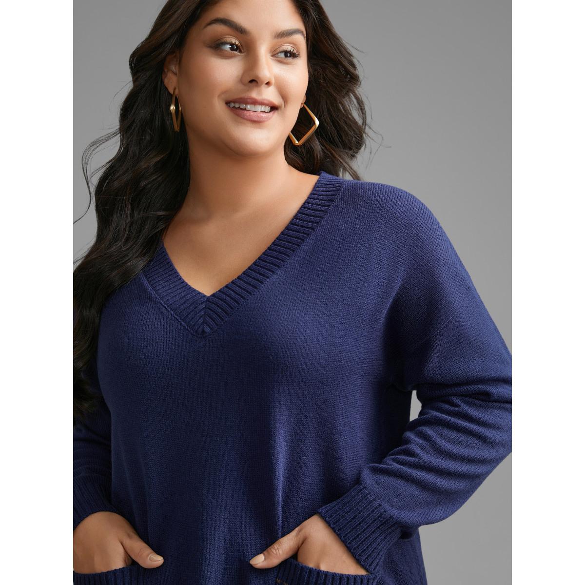 Plus Size Striped Jacquard Patched Pocket Pullover Indigo Women Casual Loose Long Sleeve V-neck Everyday Pullovers BloomChic 12/L Product Image