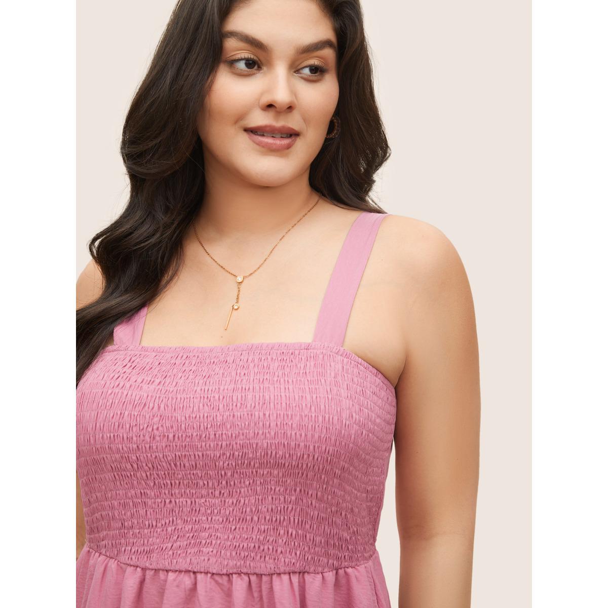Plus Size Solid Shirred Pocket Contrast Lace Cami Dress Pink Women Elegant Non Non Sleeveless Curvy Midi Dress BloomChic 30/6X Product Image