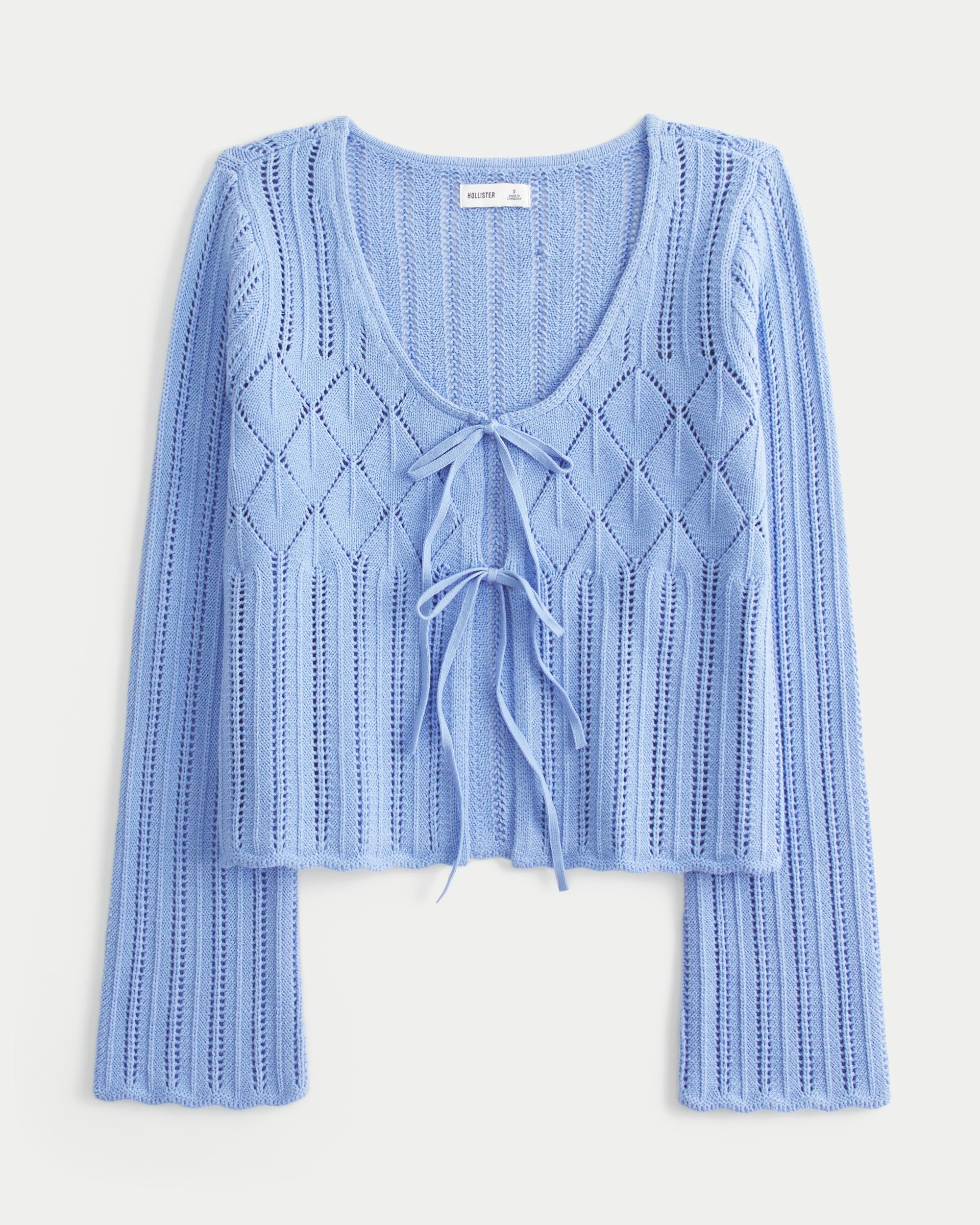 Crochet-Style Tie-Front Textured Sweater Product Image