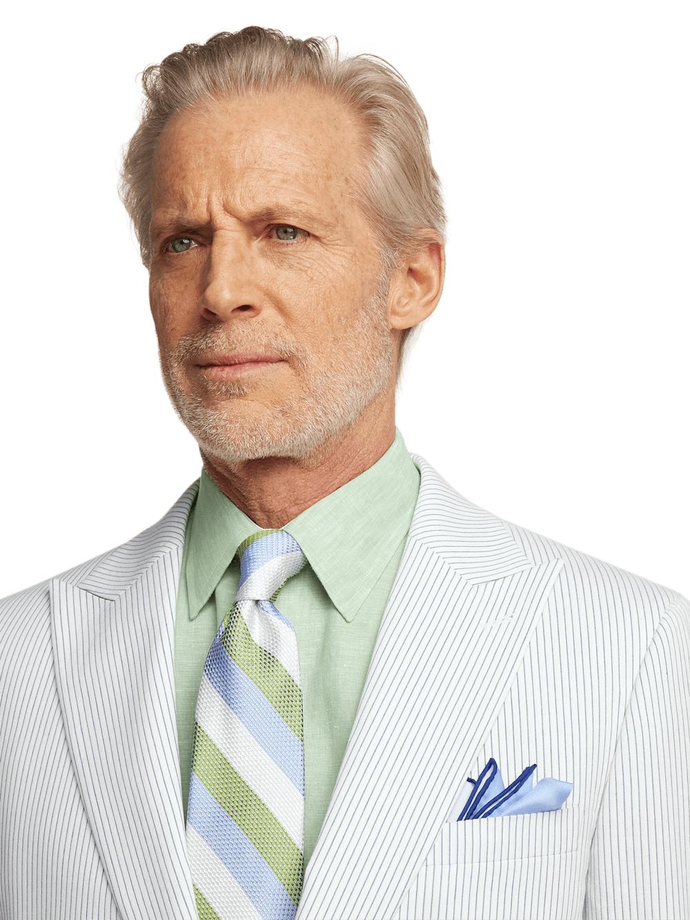 Cotton Stretch Stripe Seersucker Peak Lapel Suit - White/blue Product Image