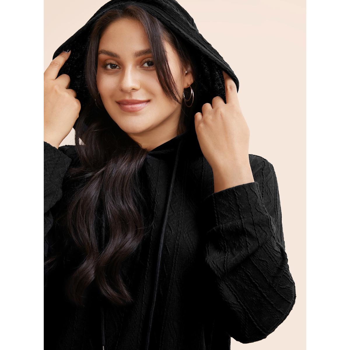 Plus Size Plain Textured Hooded Drawstring Sweatshirt Women Black Casual Elastic cuffs Hooded Everyday Sweatshirts BloomChic 12/L Product Image