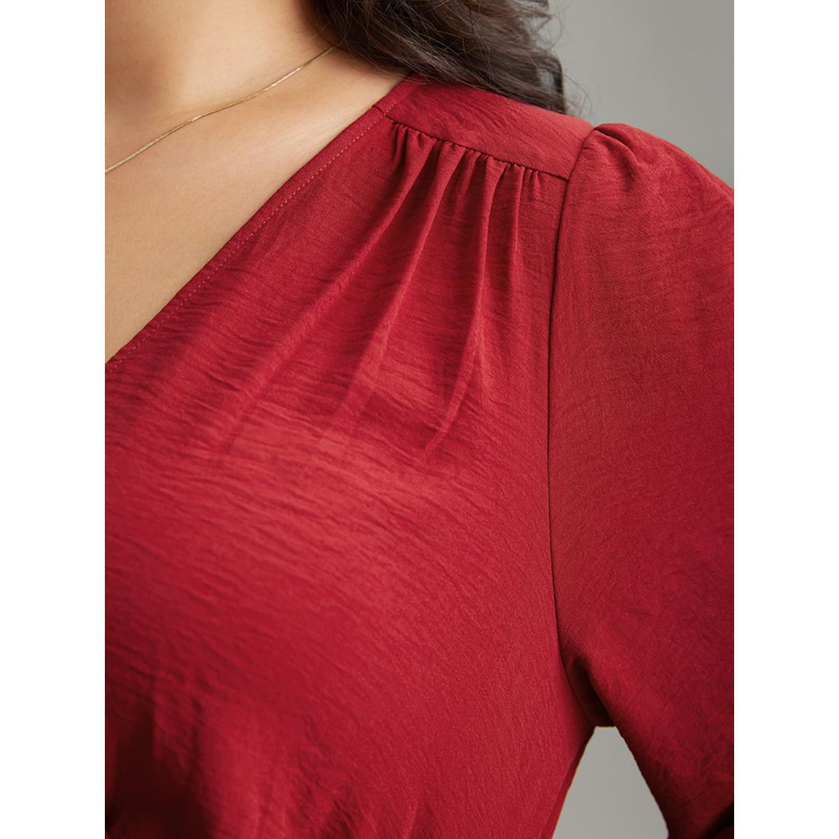 Plus Size Plaid Patchwork Gathered Lantern Sleeve Dress Raspberry Women Casual Elastic cuffs V-neck Long Sleeve Curvy Midi Dress BloomChic 18-20/2X Product Image