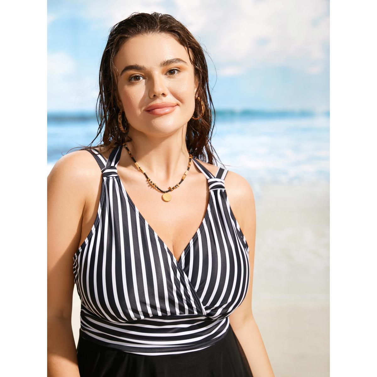 Plus Size Striped Patchwork Mesh Tie Knot Swim Dress Women's Swimwear Black Beach Bodycon Overlap Collar High stretch Curve Swim Dresses BloomChic 30/6X Product Image