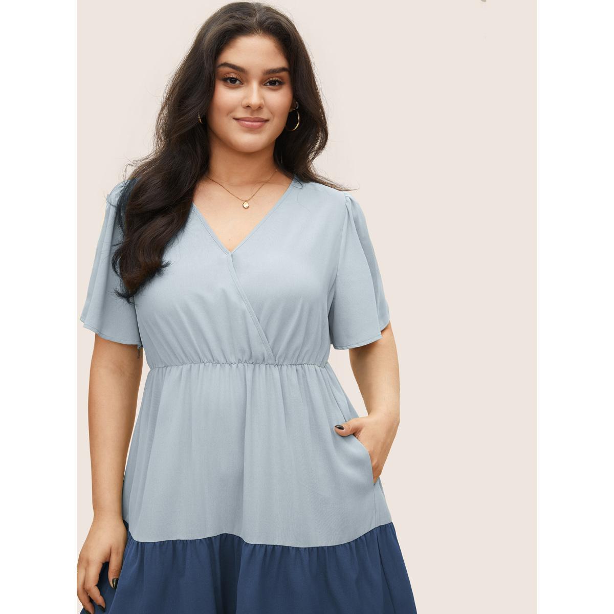 Plus Size Colorblock Contrast Wrap Elastic Waist Pocket Dress LightBlue Women Casual Non Overlap Collar Short sleeve Curvy Midi Dress BloomChic 22-24/3X Product Image