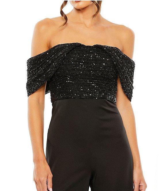 Mac Duggal Sequined Off Shoulder Sleeve Jumpsuit Product Image