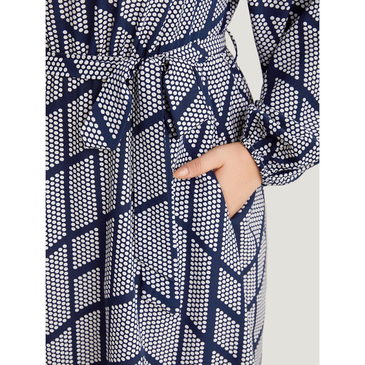 Plus Size Polka Dot Geometric Belted Lantern Sleeve Dress Black Women Office Elastic cuffs Notched collar Long Sleeve Curvy Midi Dress BloomChic 10/M Product Image