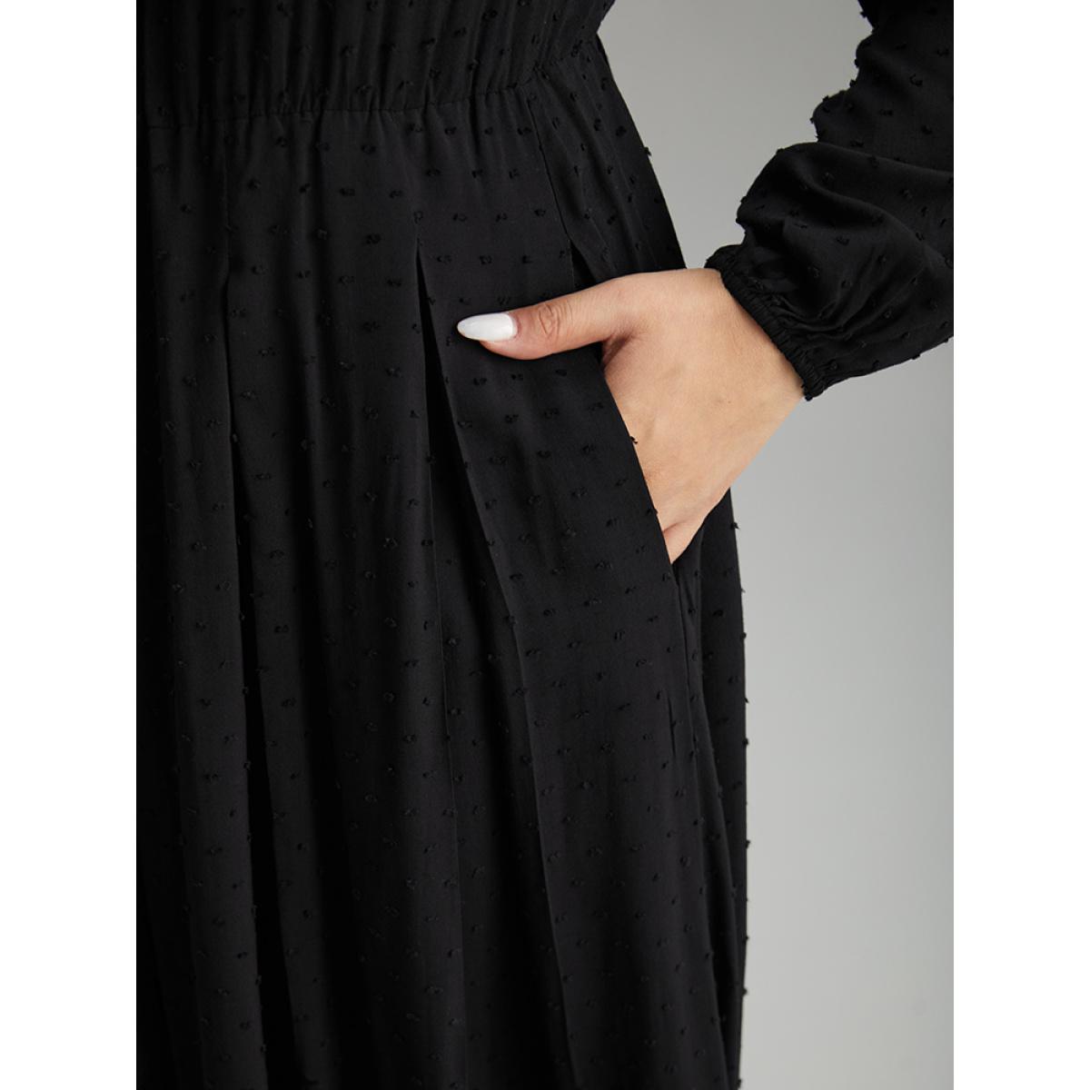 Plus Size Static-Free Solid Lantern Sleeve Pleated Dress Black Women Elegant Elastic cuffs Round Neck Long Sleeve Curvy Midi Dress BloomChic 18-20/2X Product Image