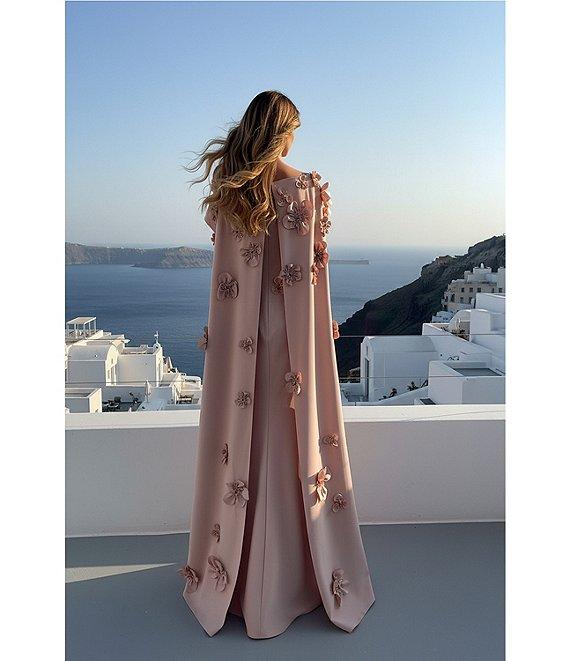 Terani Couture Crepe Cape Overlay 3D Floral Applique Sheath Dress Product Image