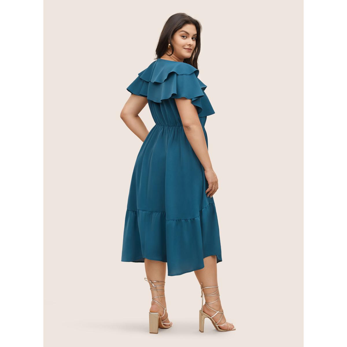 Plus Size Tiered Ruffle Cap Sleeve Asymmetrical Hem Dress Aegean Women Elegant Non V-neck Cap Sleeve Curvy Midi Dress BloomChic 18-20/2X Product Image