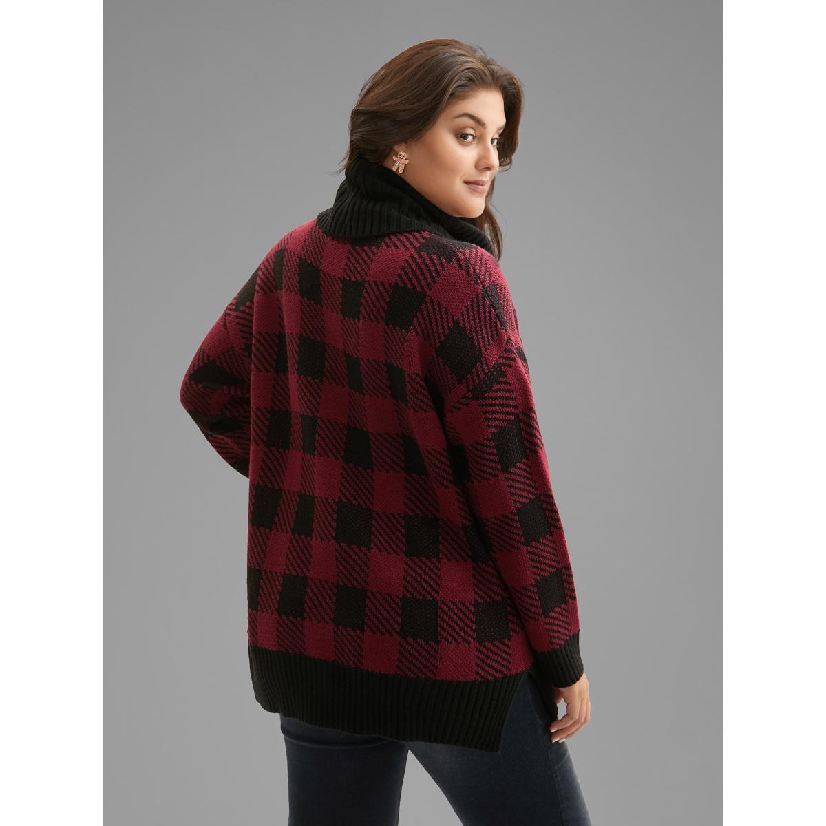Plus Size Turtleneck Plaid Pattern Straight Fit Pullover Scarlet Women Casual Loose Long Sleeve Turtleneck Everyday Pullovers BloomChic 12/L Product Image