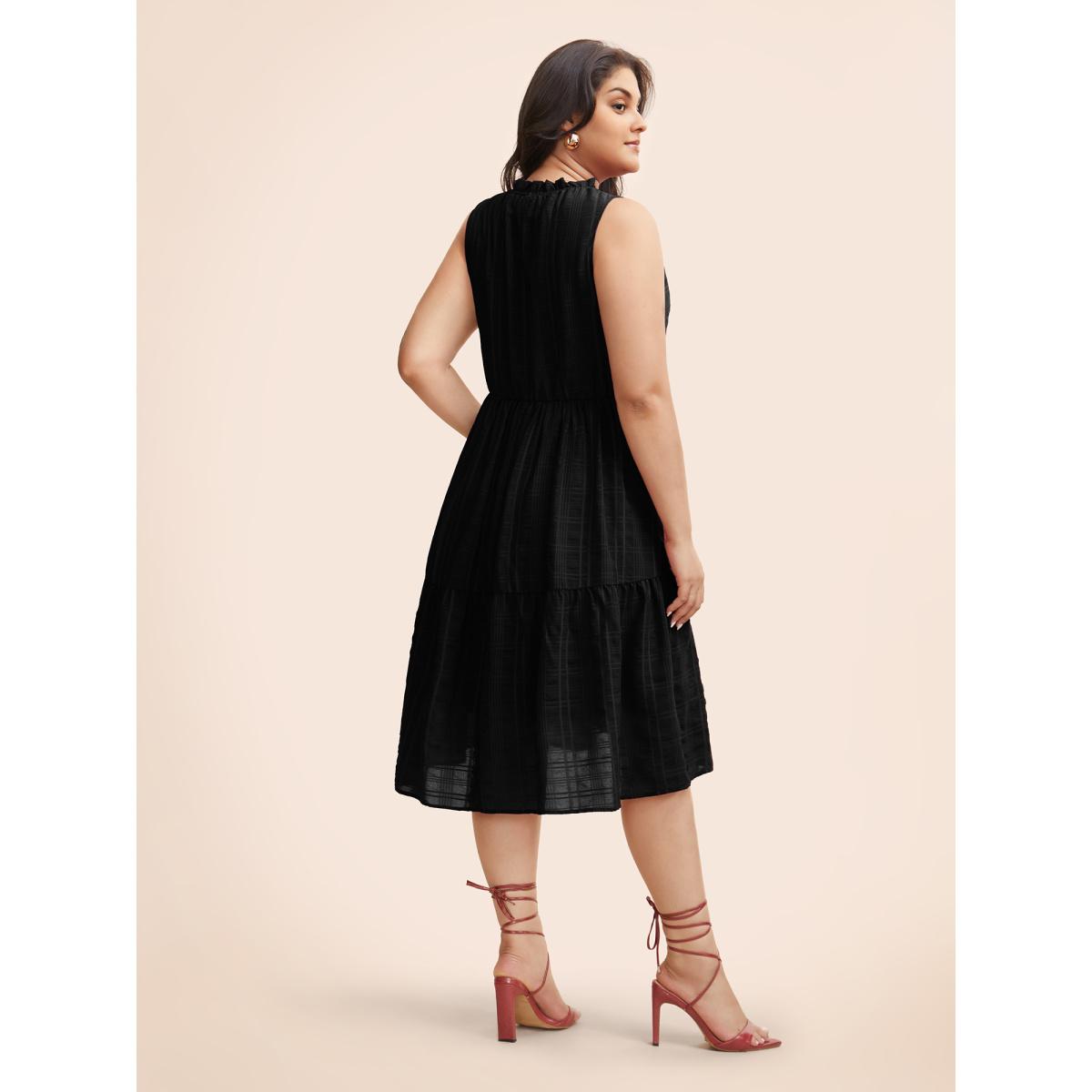 Plus Size Plaid Stand Collar Frill Trim Sleeveless Dress Black Women Elegant Texture Stand-up collar Sleeveless Curvy BloomChic 28/5X Product Image
