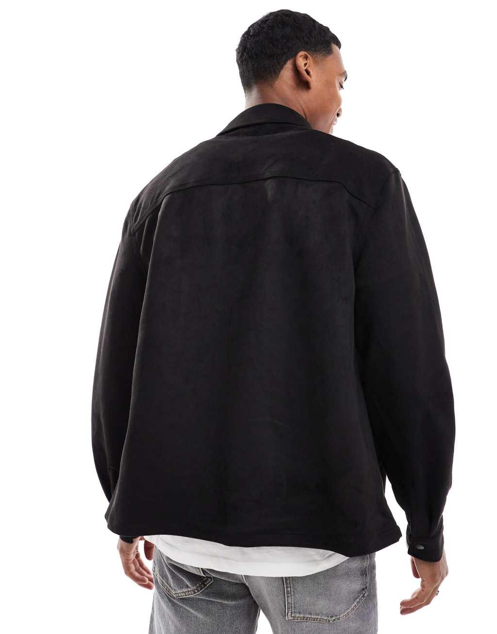 River Island faux suede overshirt in black Product Image