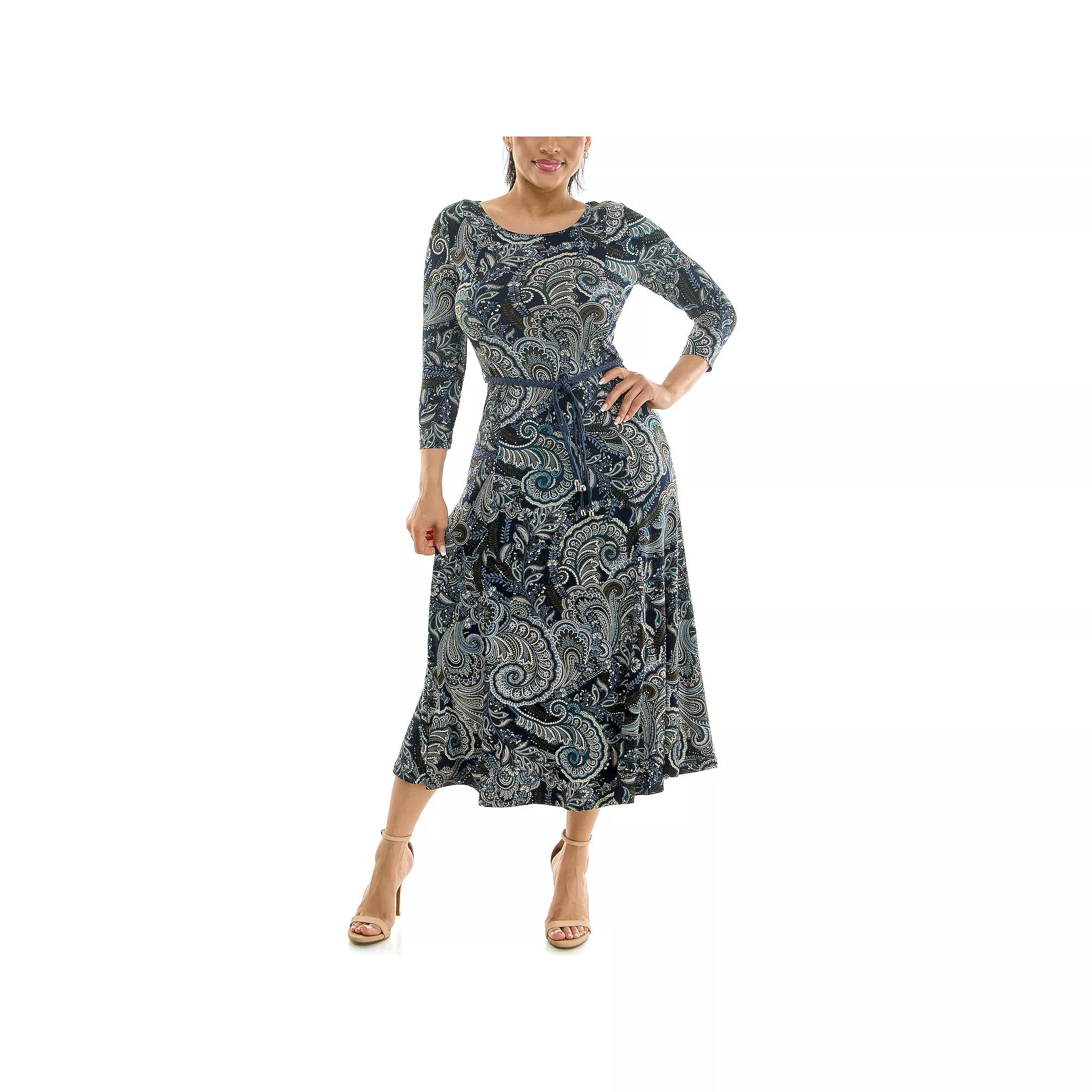 Women's Nina Leonard Sylvia Three-Quarter Sleeve Belted Midi Dress,  Product Image