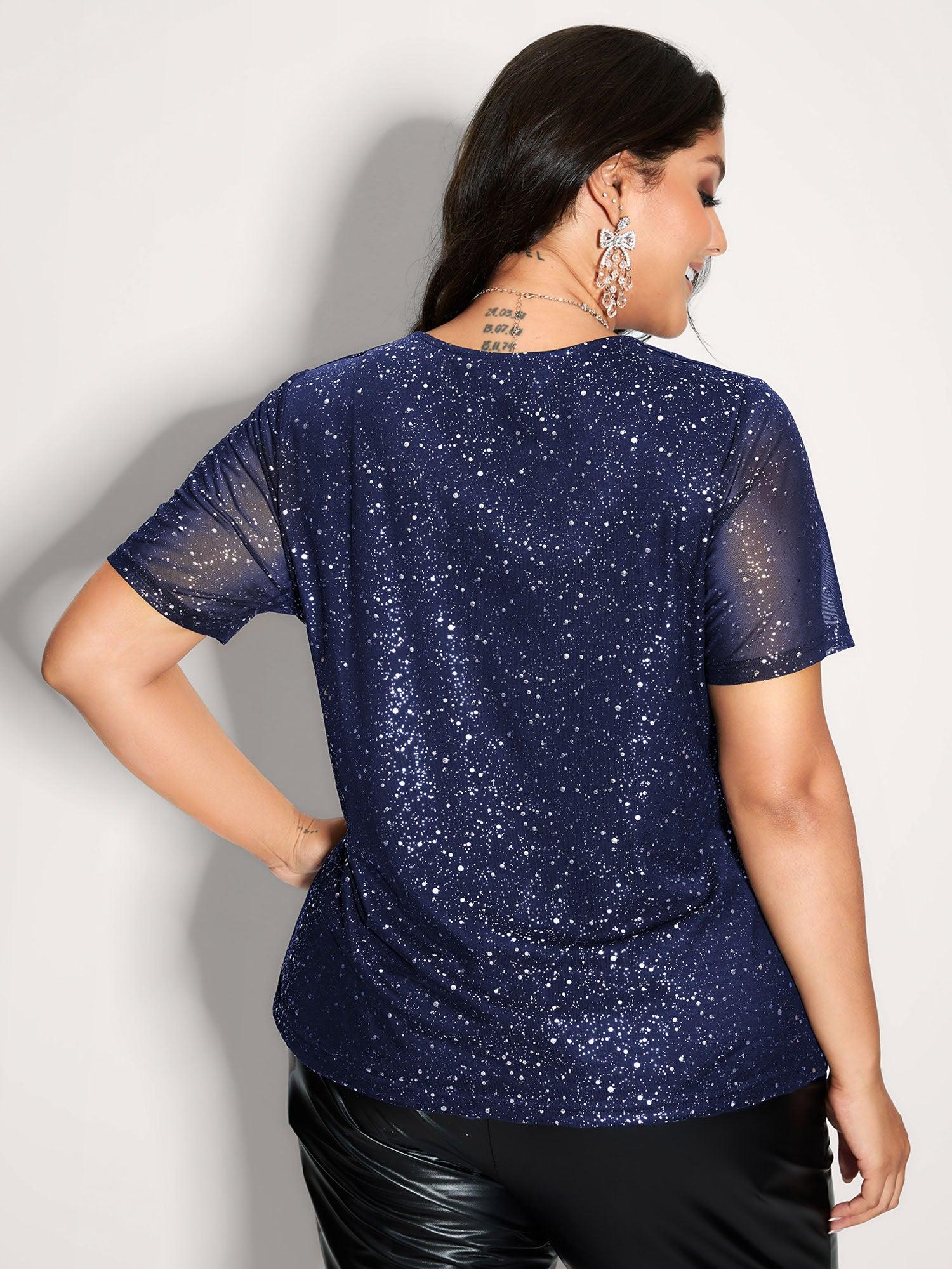 Shimmery Wrap Neck Sheer Sleeve T-Shirt Female Product Image