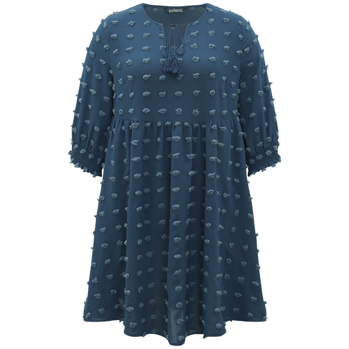 Plus Size Polka Dot Tassels Ties Shirred Cuffs Pocket Dress DarkBlue Women Office Elastic cuffs V-neck Elbow-length sleeve Curvy Midi Dress BloomChic 22-24/3X Product Image