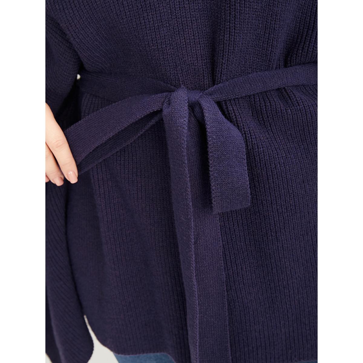 Plus Size Soft Pointelle Knit Dolman Sleeve Belted Zipper Knit Top Eggplant Women Casual Loose Cap Sleeve Mock Neck Dailywear Pullovers BloomChic 26/4X Product Image